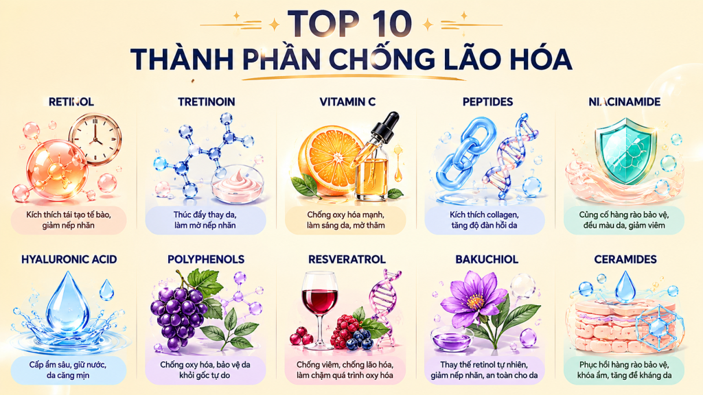 Những thành phần chống lão hóa nên có trong skincare
